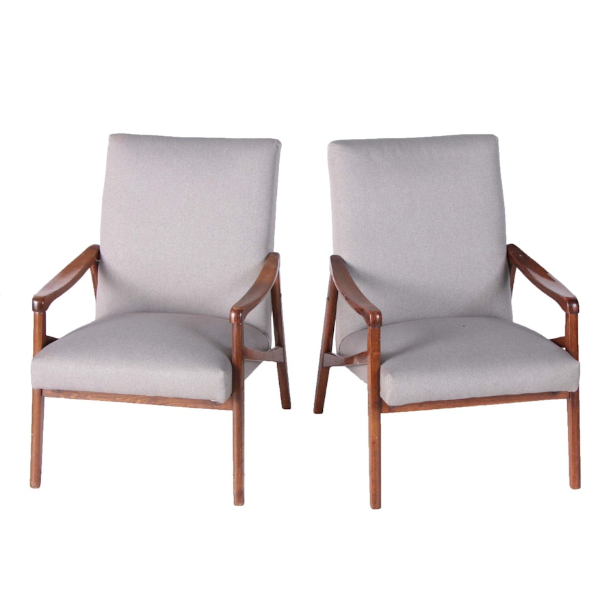 Mid Century Modern Upholstered Walnut Armchairs, 20th Century