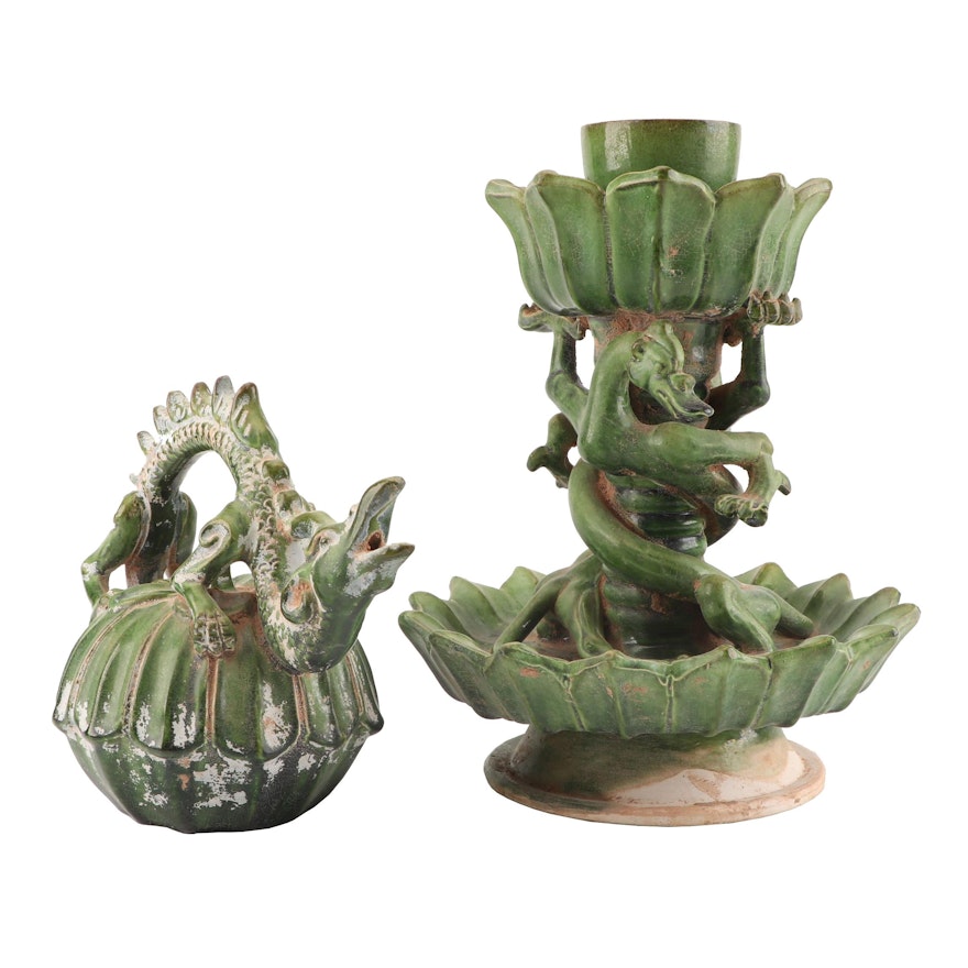 Chinese Dragon Themed Ceramic Candle Holder and Figurine