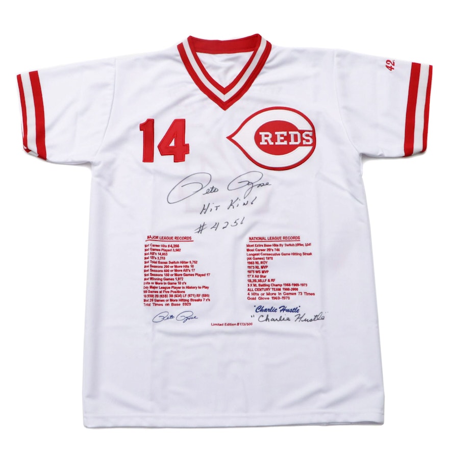Pete Rose Signed Cincinnati Reds Baseball "Stats" Jersey