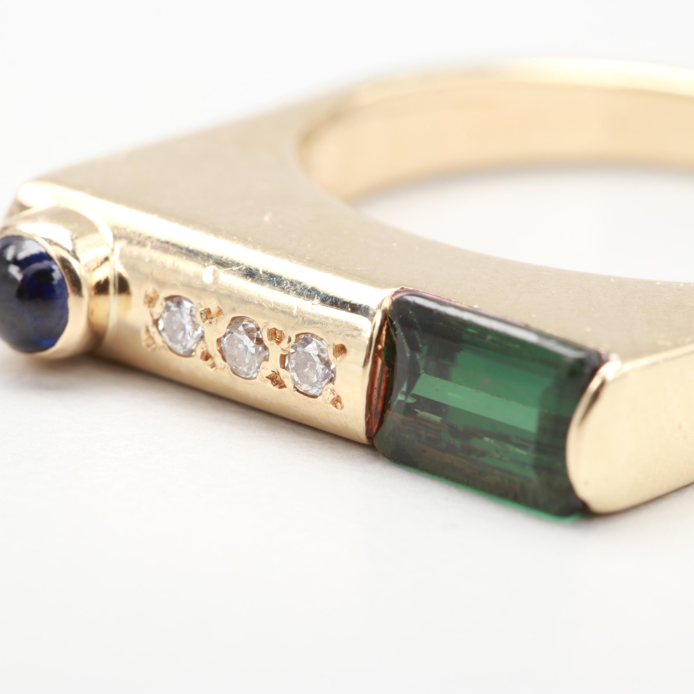 Post Modern 14K Yellow Gold Green Tourmaline, Sapphire and Diamond Ring