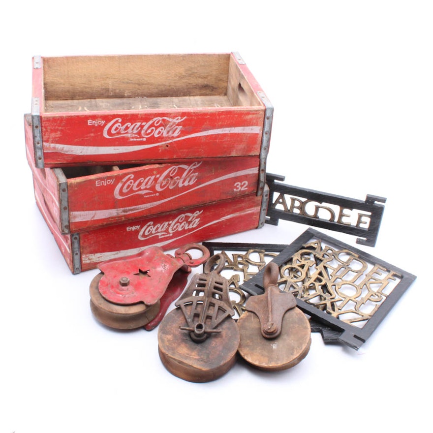 Wooden Coca-Cola Crates, Metal Pulleys and More