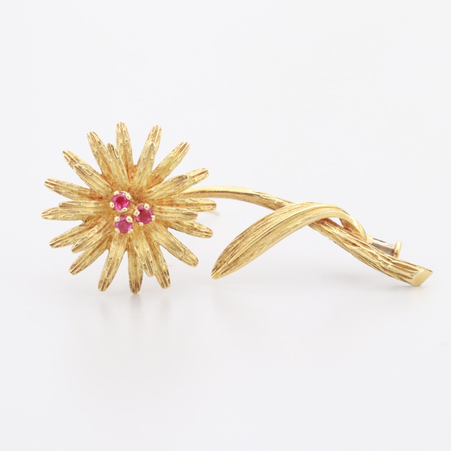 Circa 1950s Tiffany & Co 18K Yellow Gold Ruby Floral Brooch