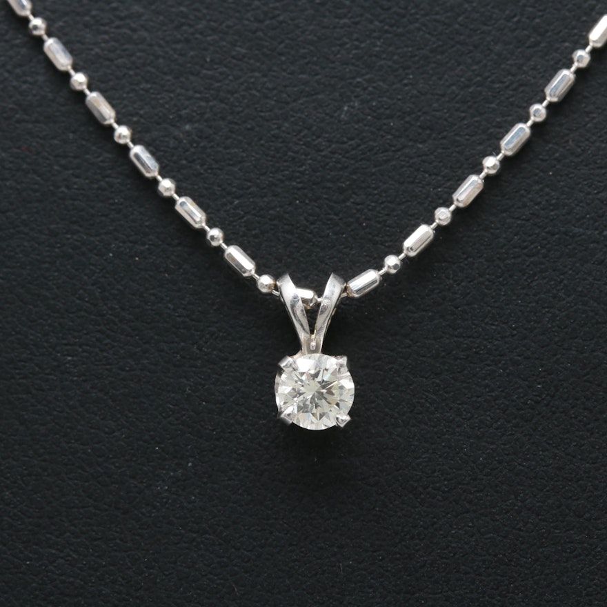 14K White Gold Diamond Solitaire Pendant on 18K Chain Necklace