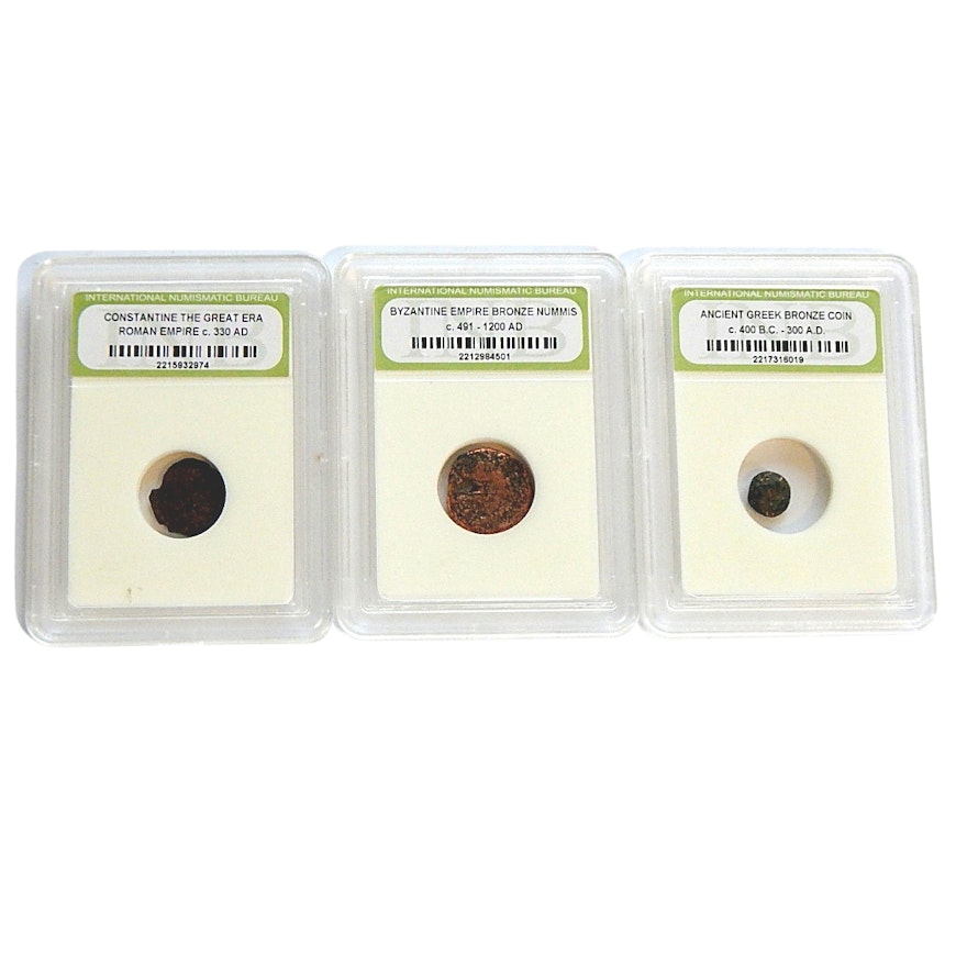 Three Ancient Coin Specimens with Roman Imperial, Byzantine, and Ancient Greek