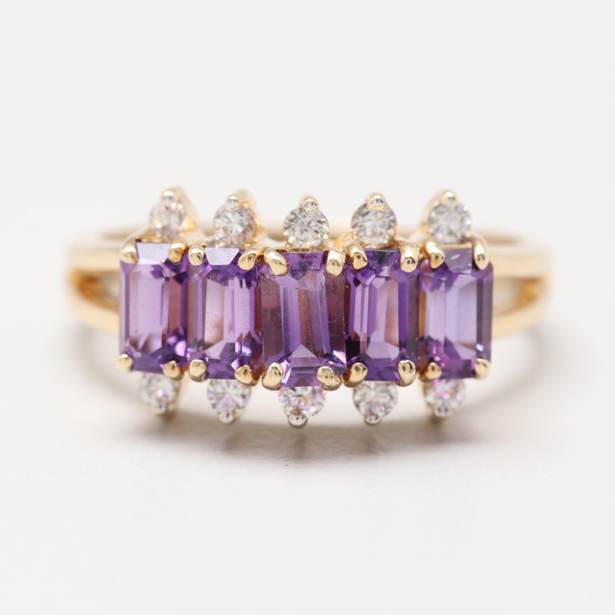 14K Yellow Gold Amethyst and Diamond Ring