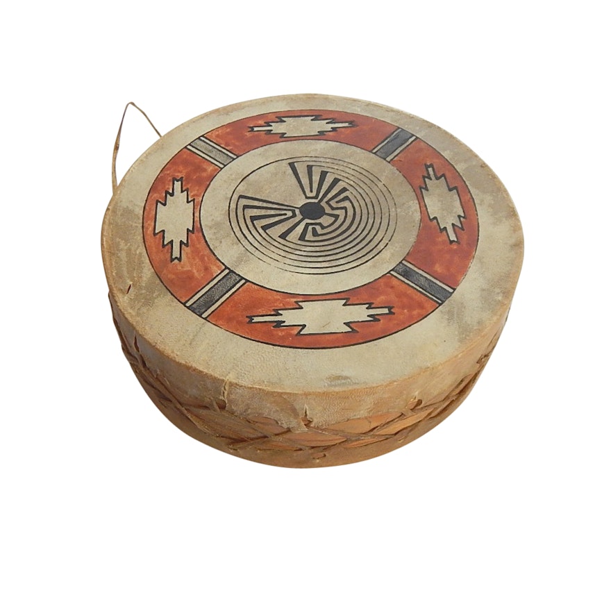 Artist Signed Southwestern Style Hide Covered Hand Drum