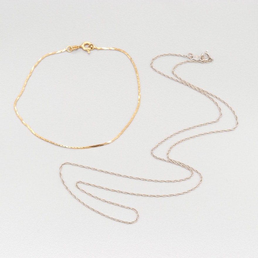 14K White Gold Rope Link Necklace with 14K Yellow Gold Cobra Link Bracelet