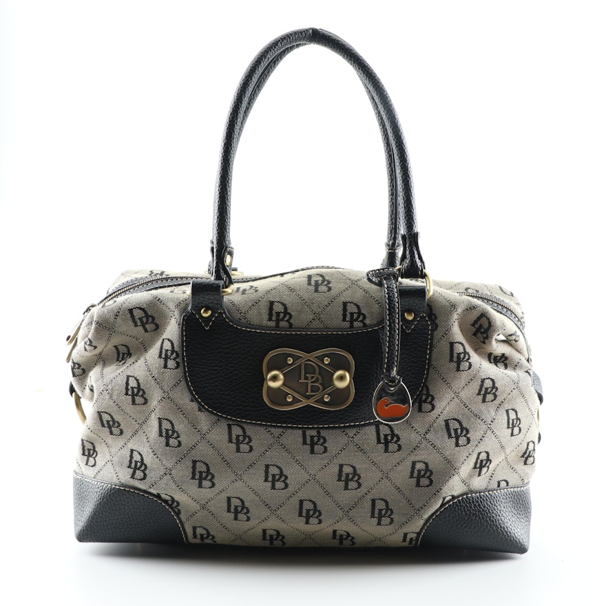Dooney & Bourke Grey and Black Signature Canvas and Pebbled Leather Handbag