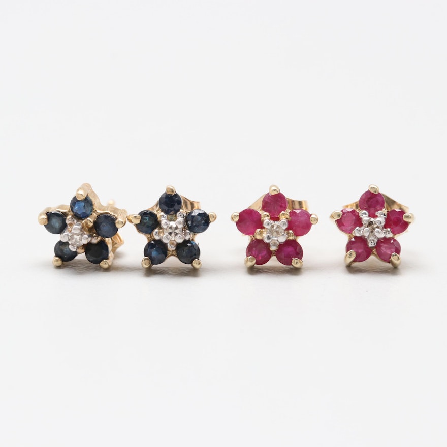 10K Yellow Gold Diamond, Ruby and Sapphire Earrings with 14K Clutches