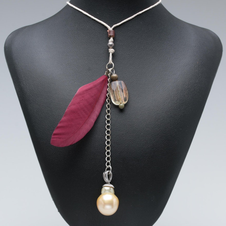 Assemblage Necklace Featuring Glass Bead and Sterling Cultured Pearl Pendant