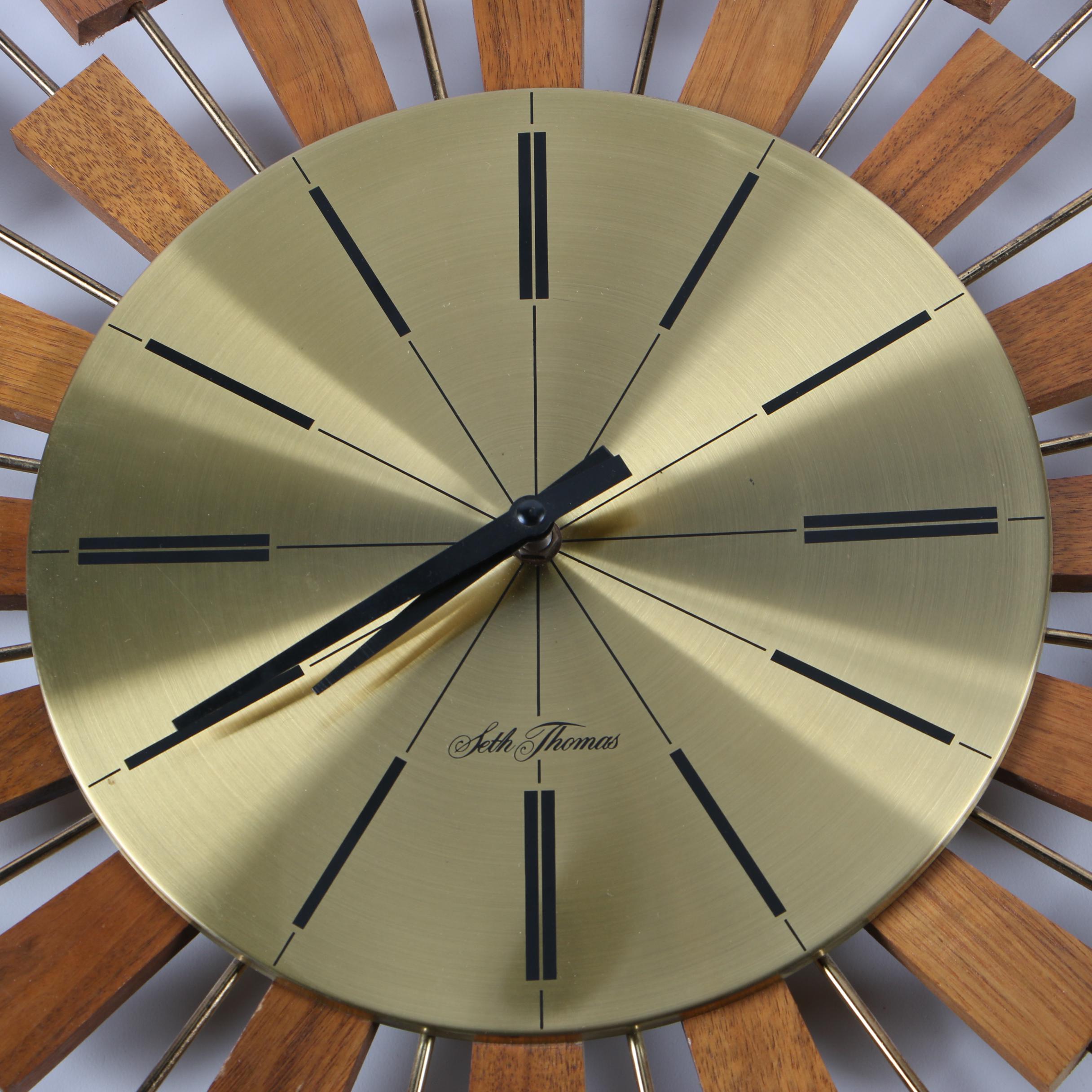 Seth Thomas "Grandeur" Teak and Brass Starburst Wall Clock, Mid-Century