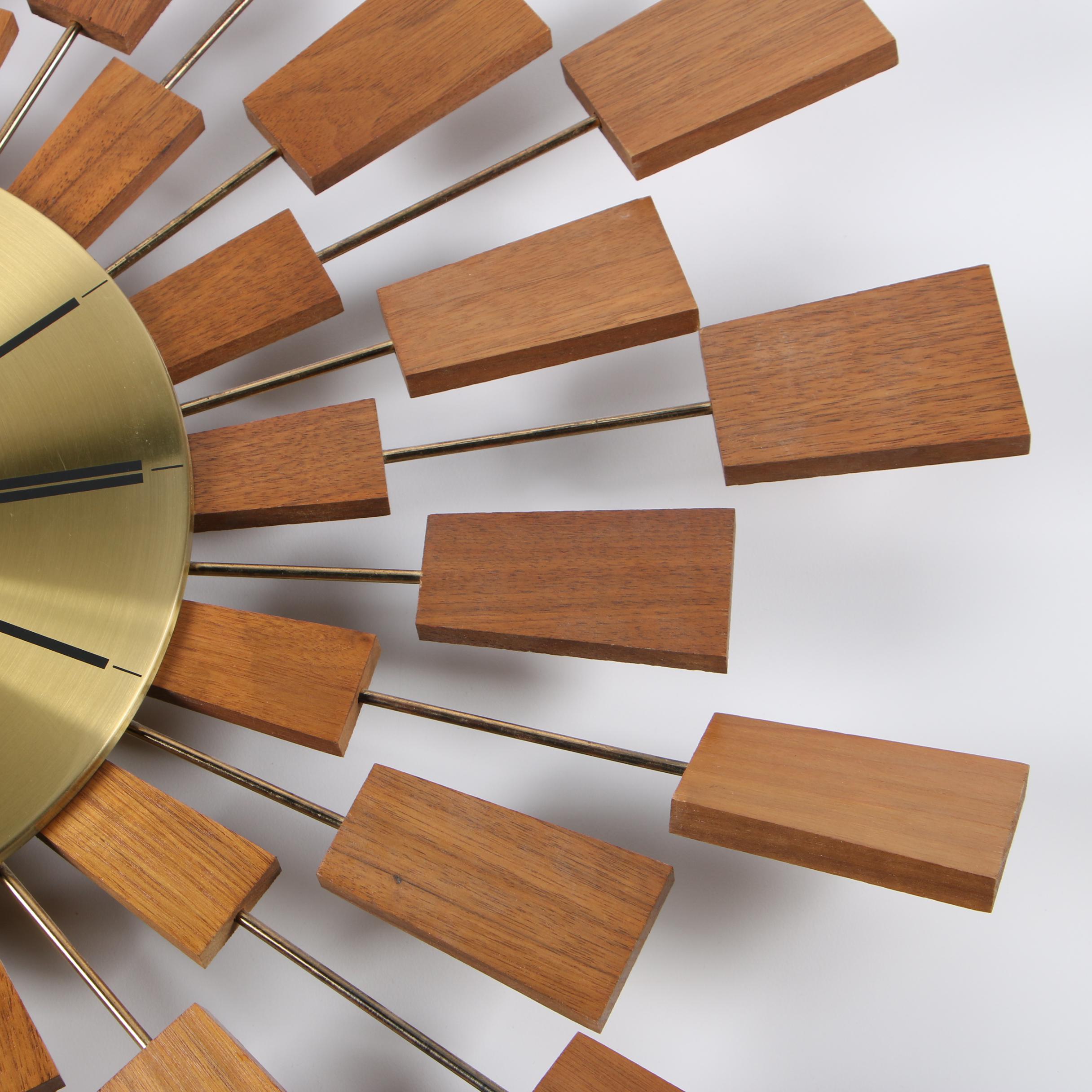 Seth Thomas "Grandeur" Teak and Brass Starburst Wall Clock, Mid-Century