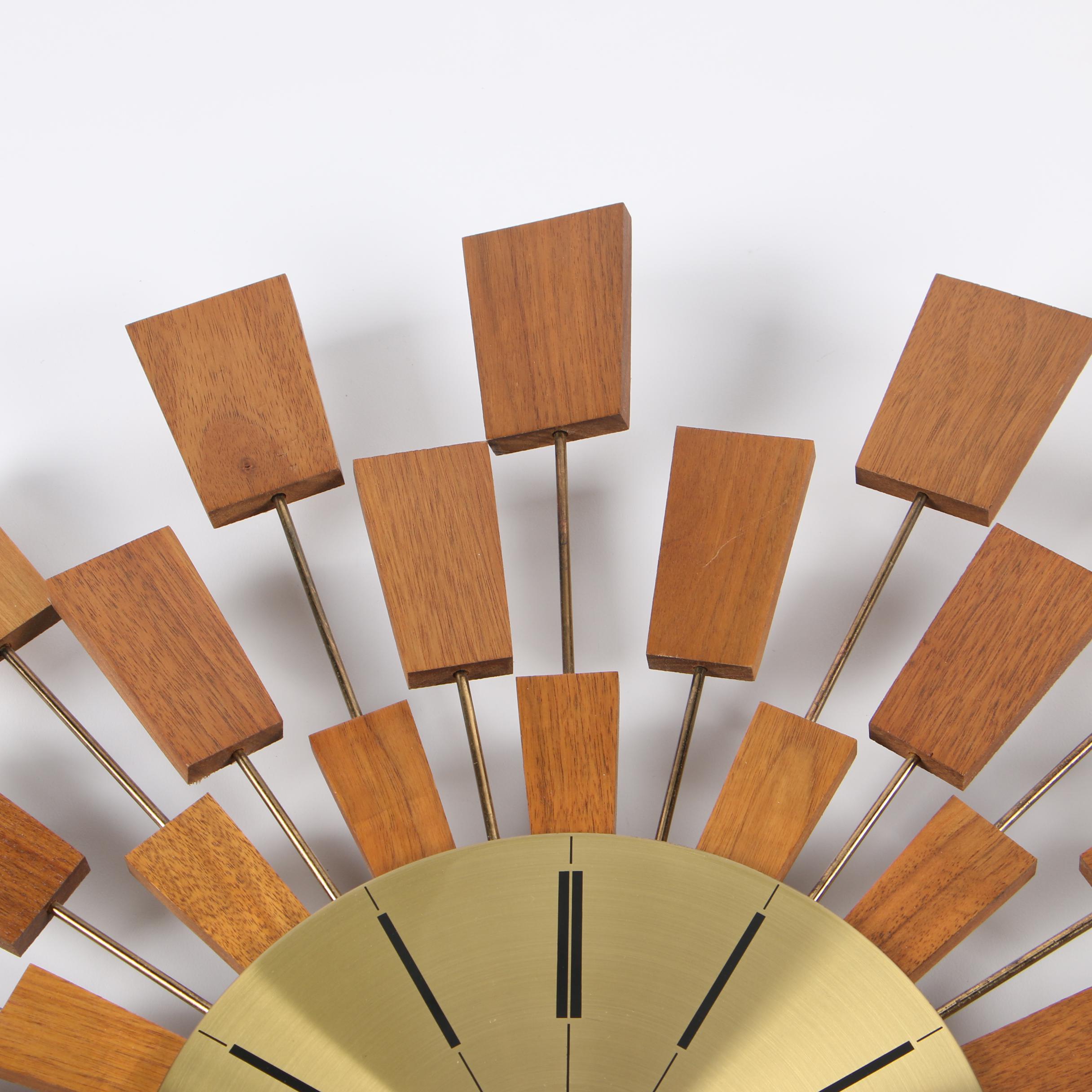 Seth Thomas "Grandeur" Teak and Brass Starburst Wall Clock, Mid-Century