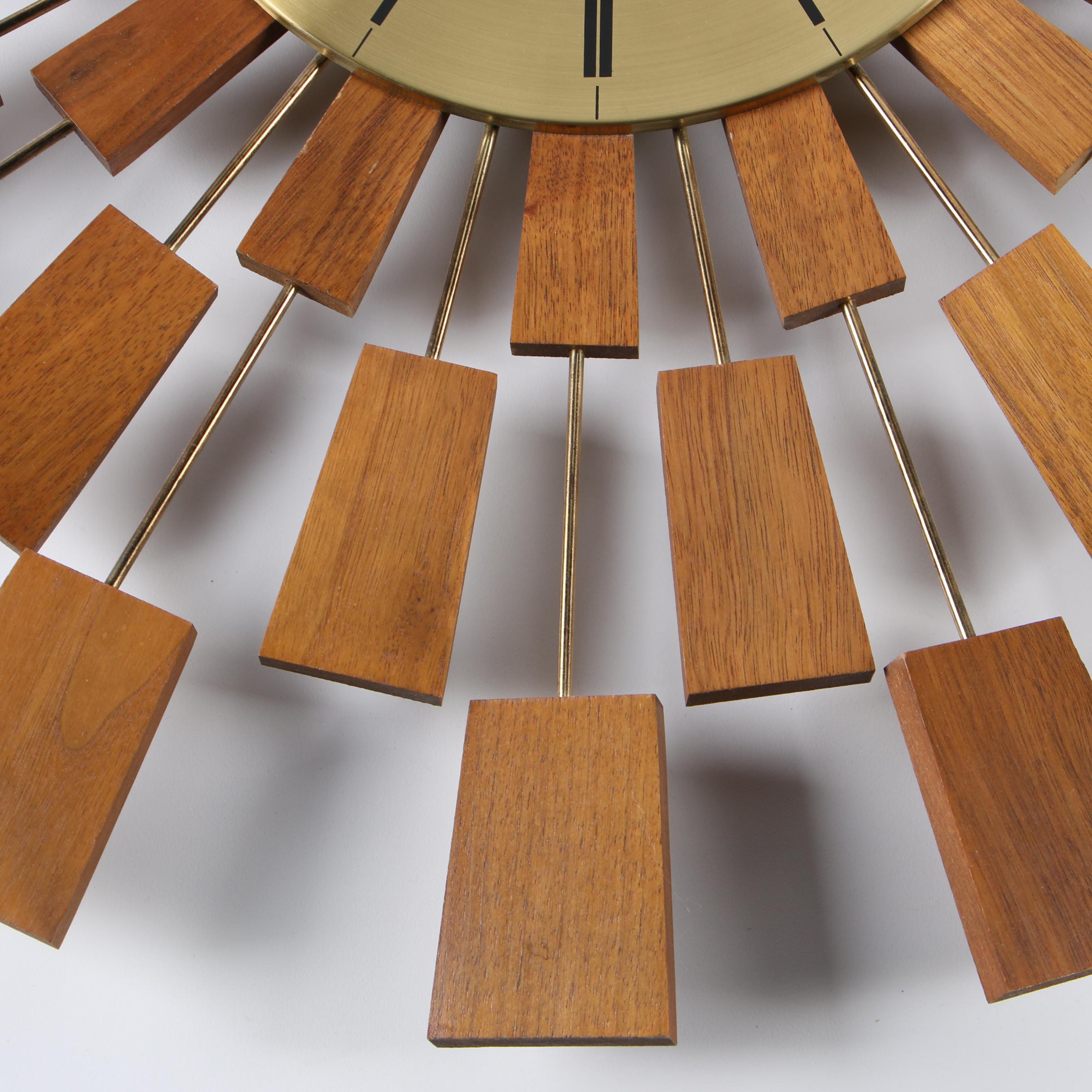 Seth Thomas "Grandeur" Teak and Brass Starburst Wall Clock, Mid-Century
