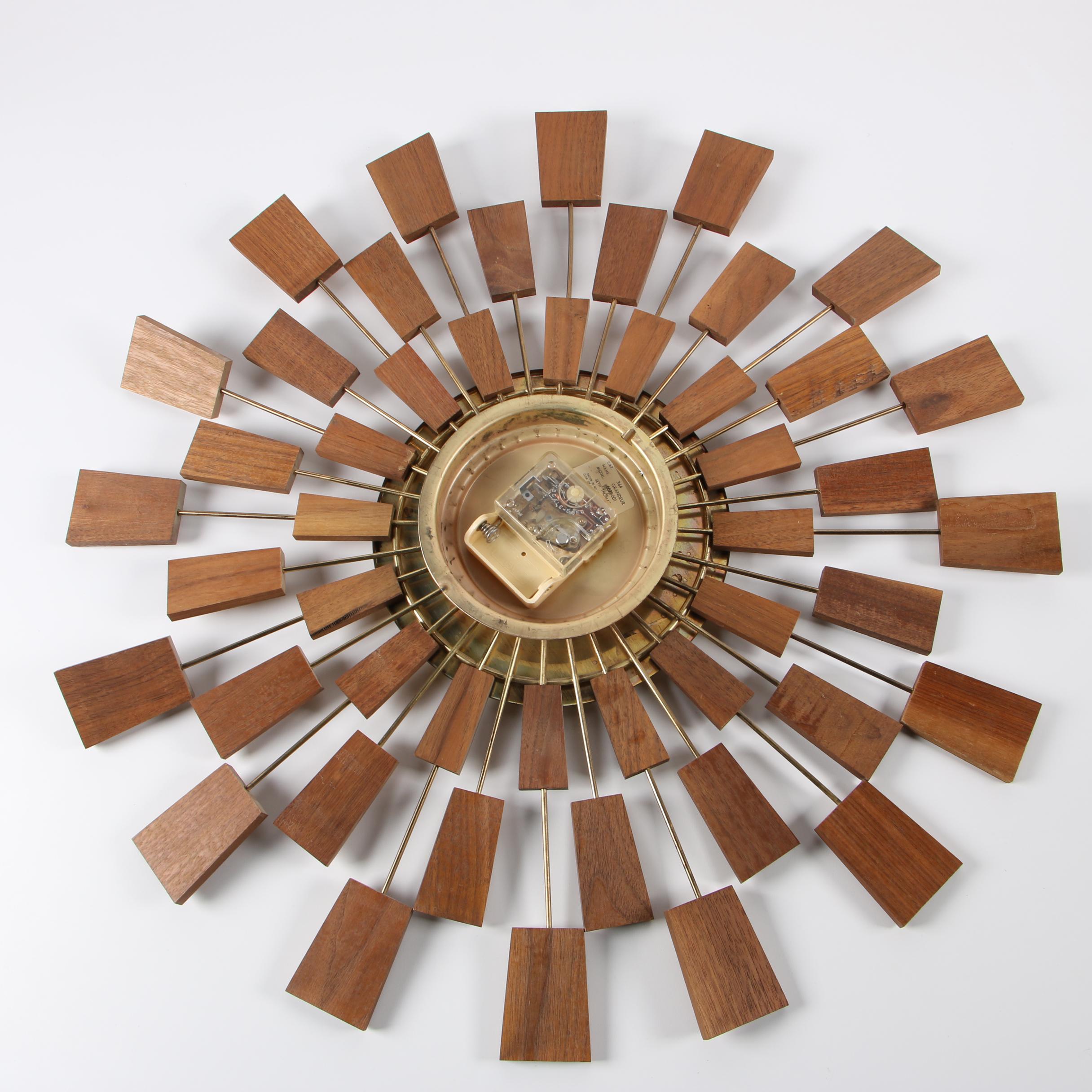 Seth Thomas "Grandeur" Teak and Brass Starburst Wall Clock, Mid-Century