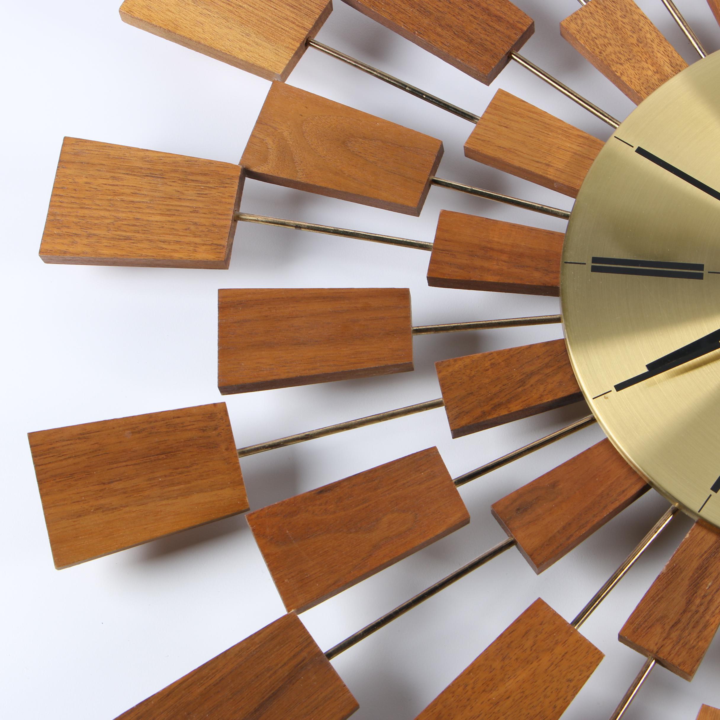 Seth Thomas "Grandeur" Teak and Brass Starburst Wall Clock, Mid-Century