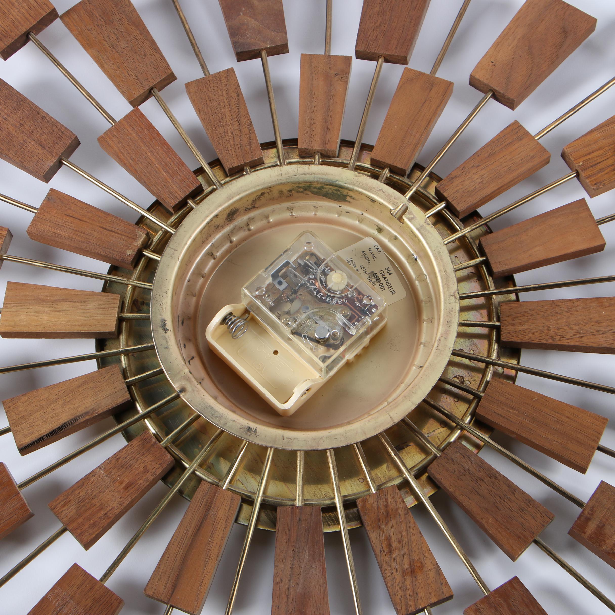 Seth Thomas "Grandeur" Teak and Brass Starburst Wall Clock, Mid-Century