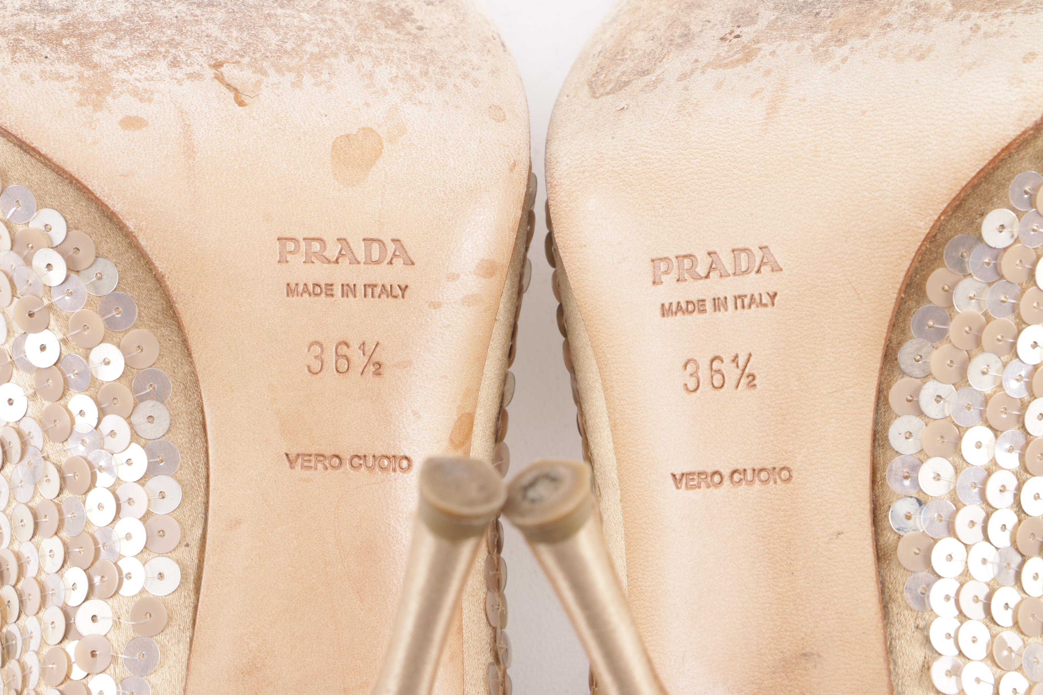 Prada Champagne Sequined Open-Toe Dress Pumps with Bow Accents