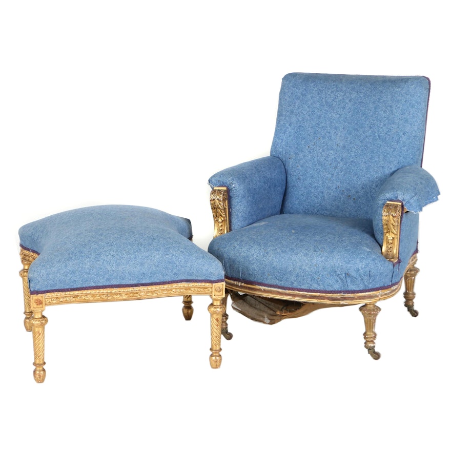 Victorian Giltwood Armchair with Neoclassical Style Footstool, Late 19th Century