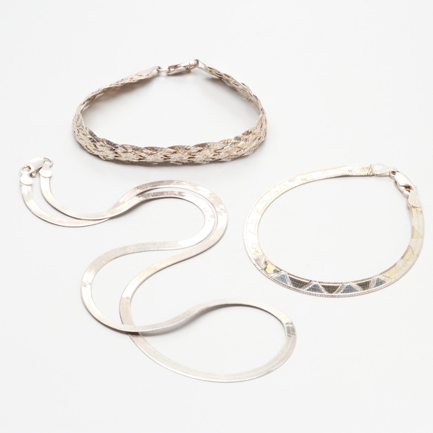 Sterling Silver Bracelets and Herringbone Chain Necklace