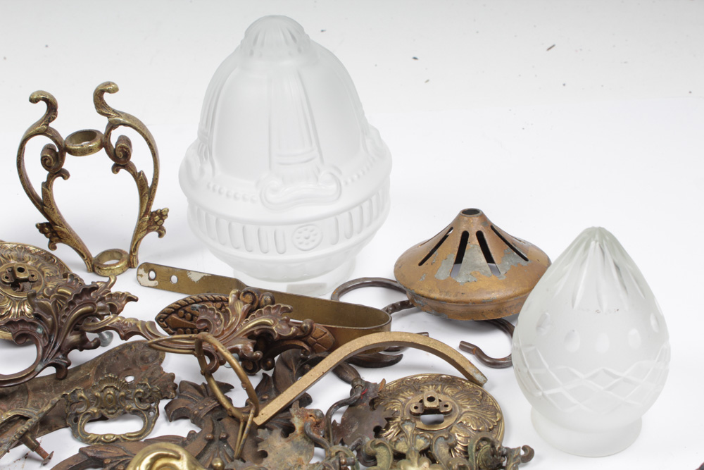 Art Deco Style Glass Shades, Ceiling Light Fixture and Hardware