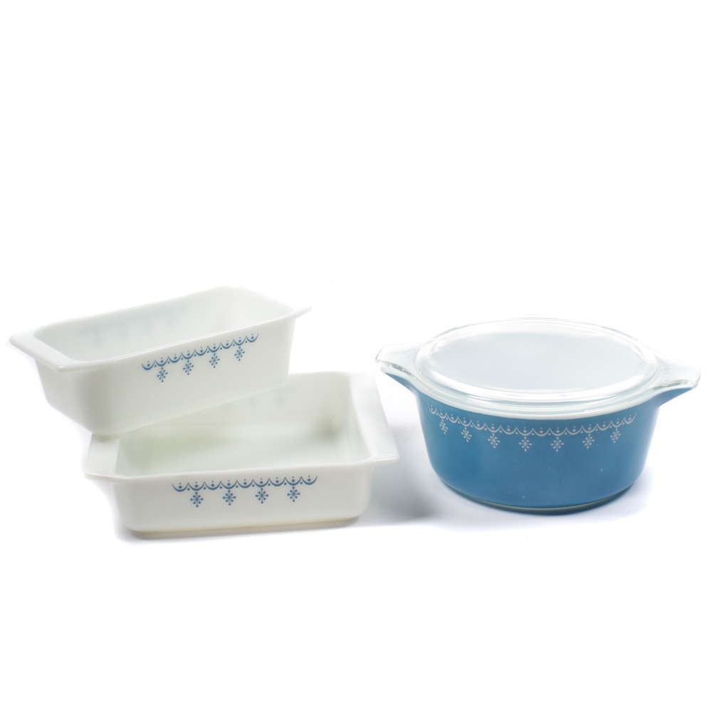 Vintage Pyrex "Snowflake Blue" Baking Dishes and Casserole