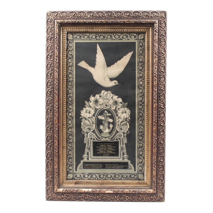 Victorian Memorial Chromolithograph and Ornamental Frame of the Enos Veal Family