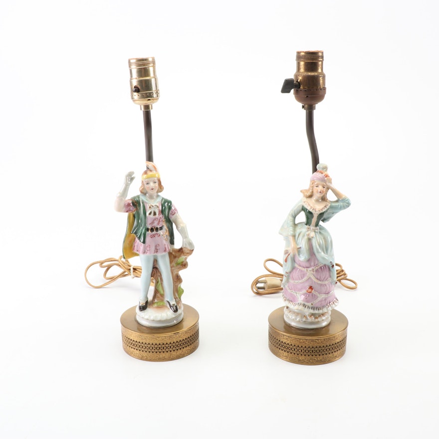 Hand-Painted Figural Male and Female Porcelain Table Lamps with Openwork Bases