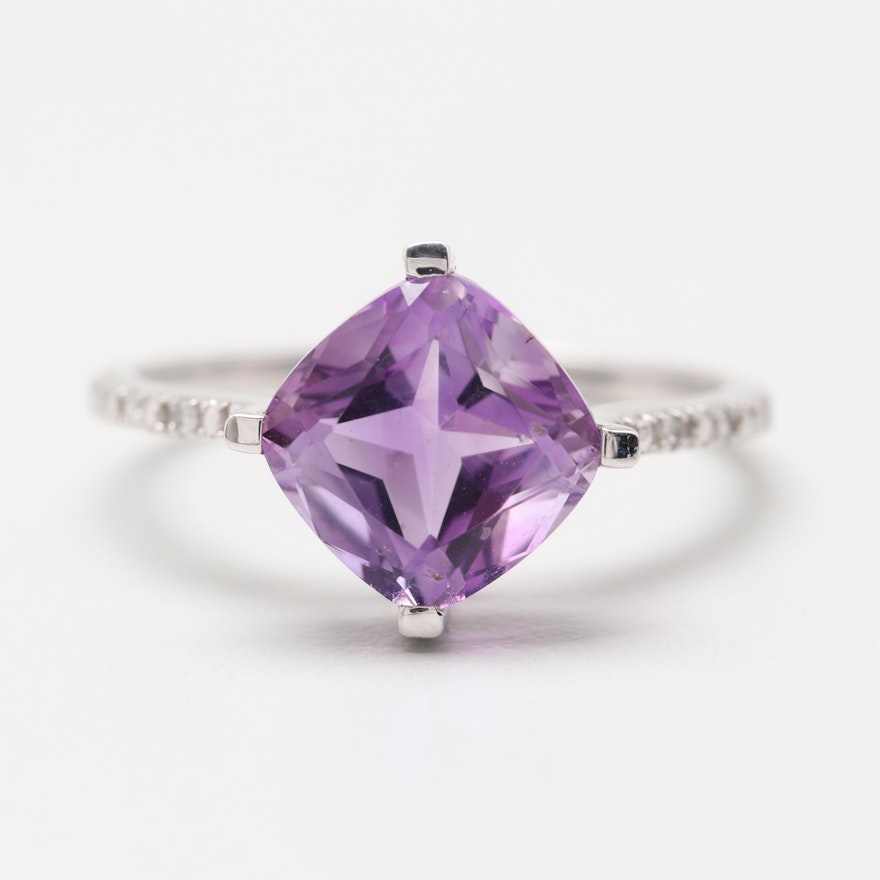 10K White Gold Amethyst and Diamond Ring