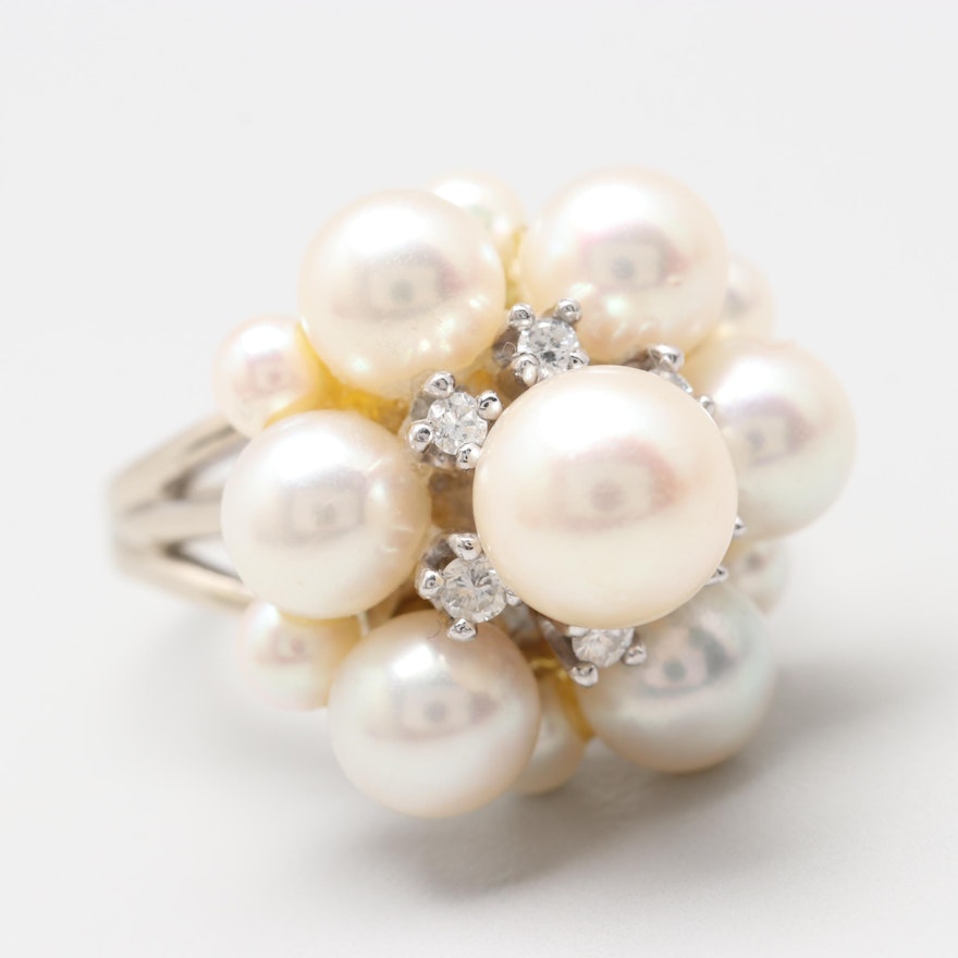 14K White Gold Cultured Pearl and Diamond Cluster Ring