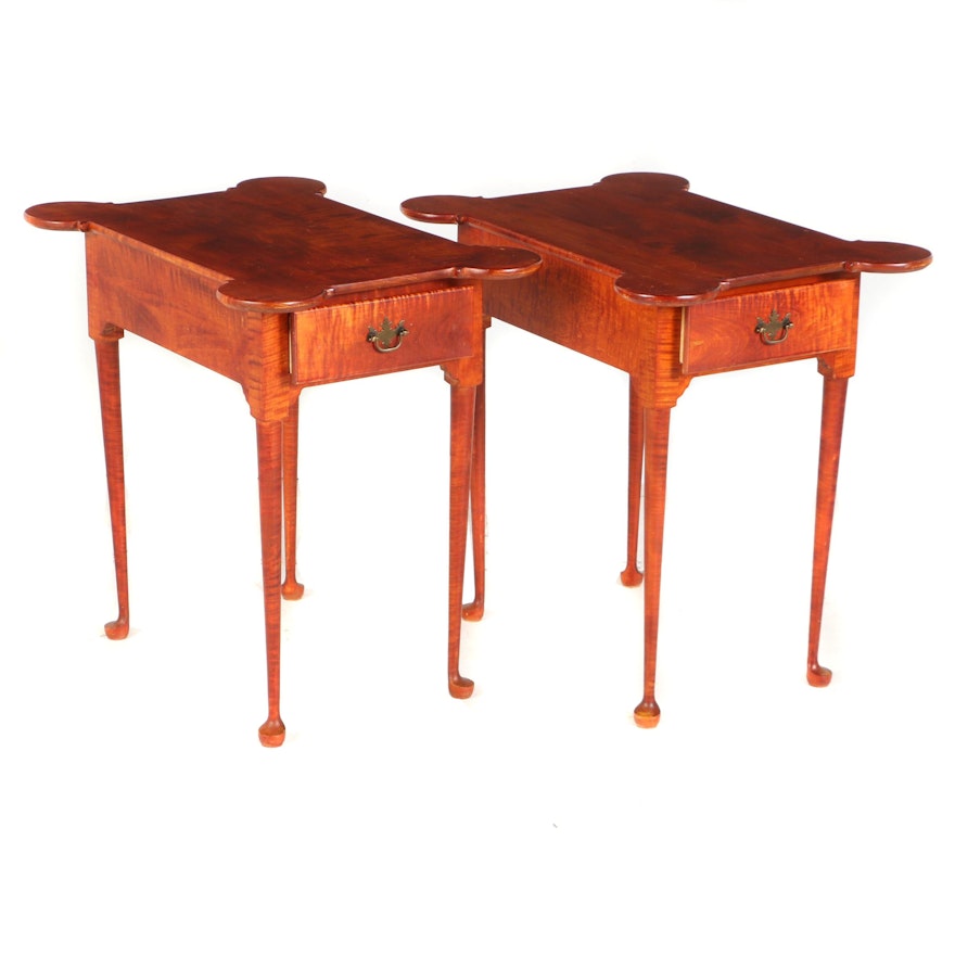 Pair of Contemporary Queen Anne Style Tiger Maple Bench-Made Side Tables