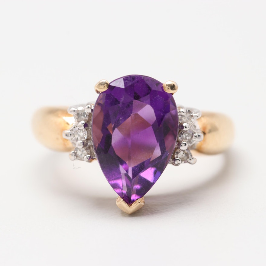 14K Yellow Gold Amethyst and Diamond Ring