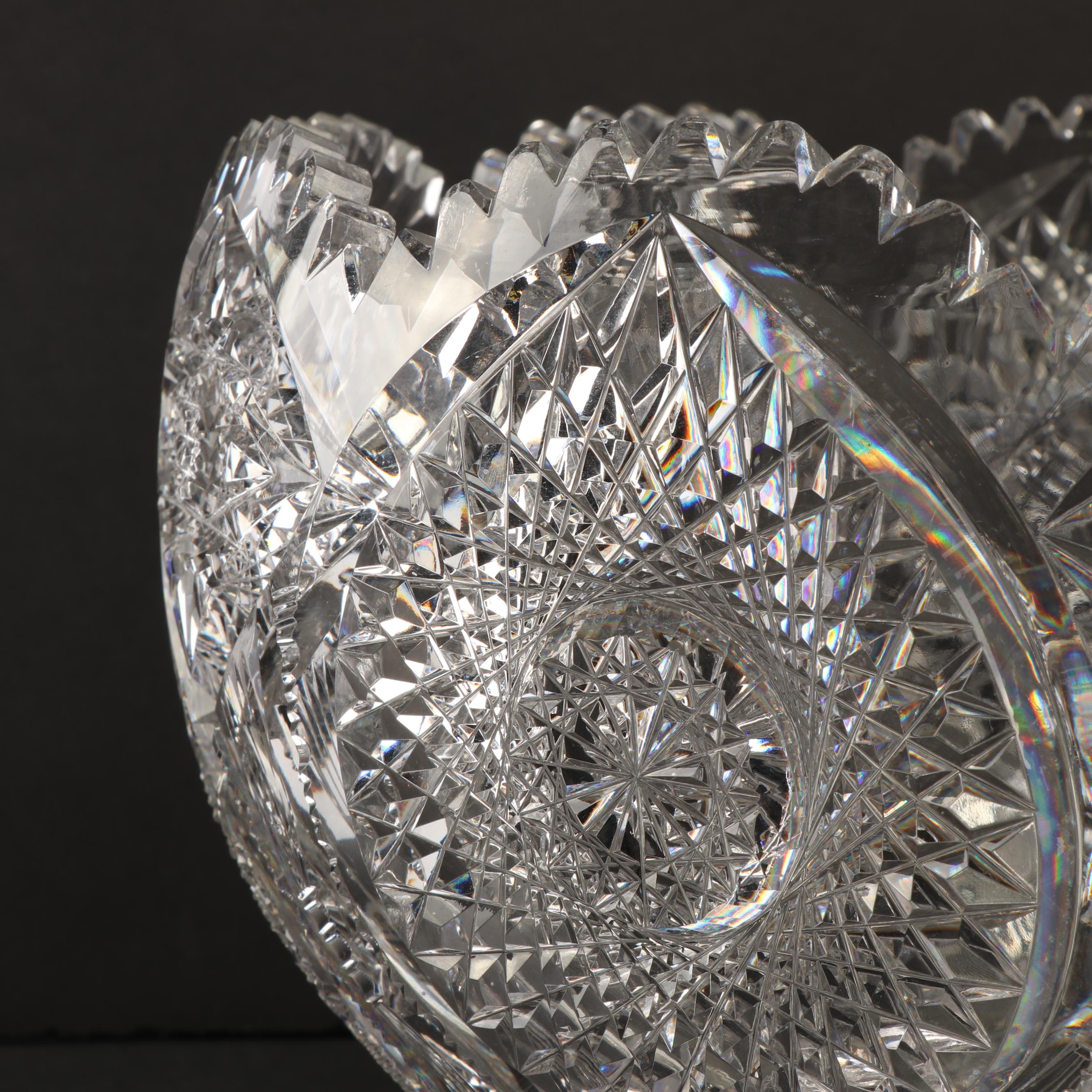 American Brilliant Period Punch Bowl and Stand with Silver Plate and Glass Ladle