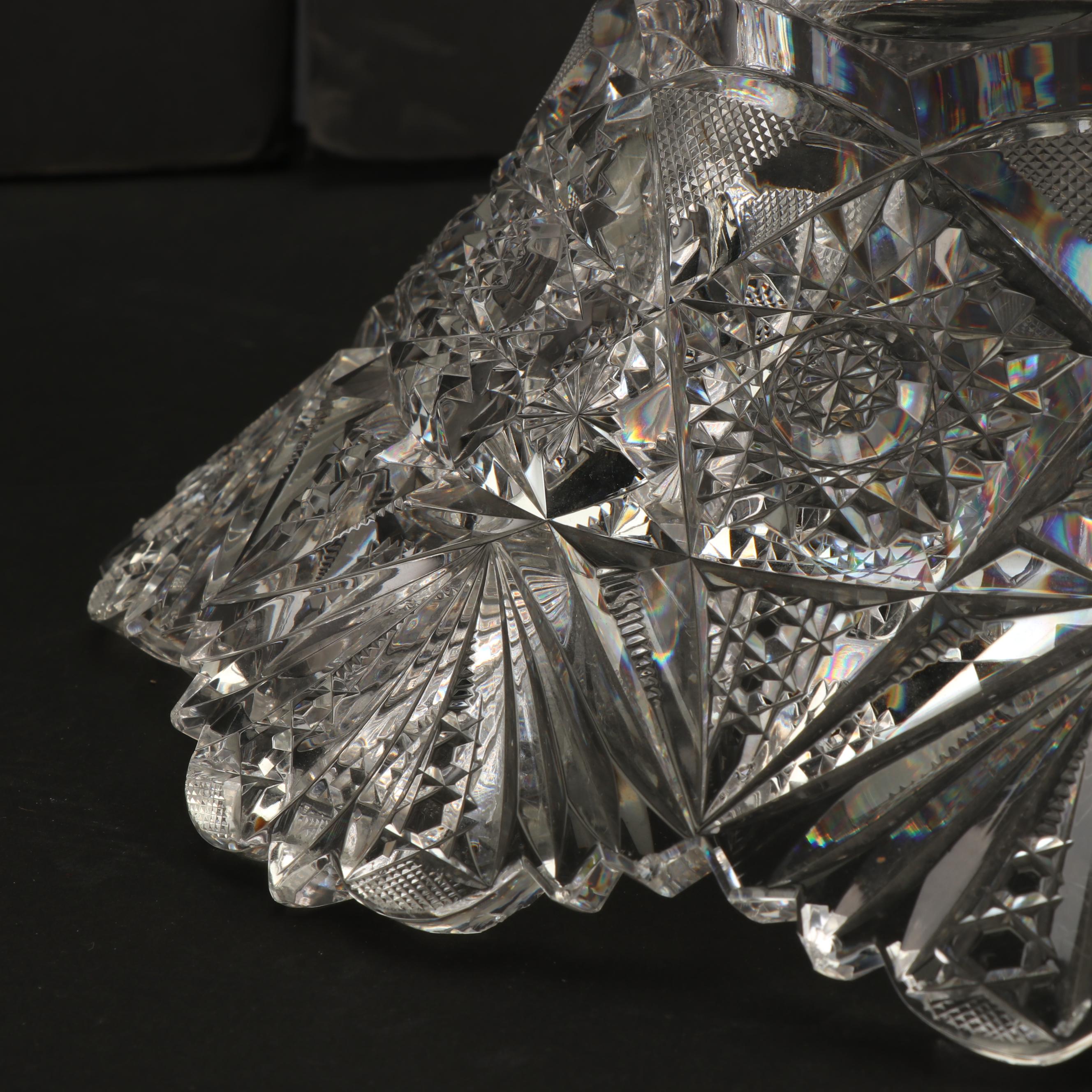 American Brilliant Period Punch Bowl and Stand with Silver Plate and Glass Ladle