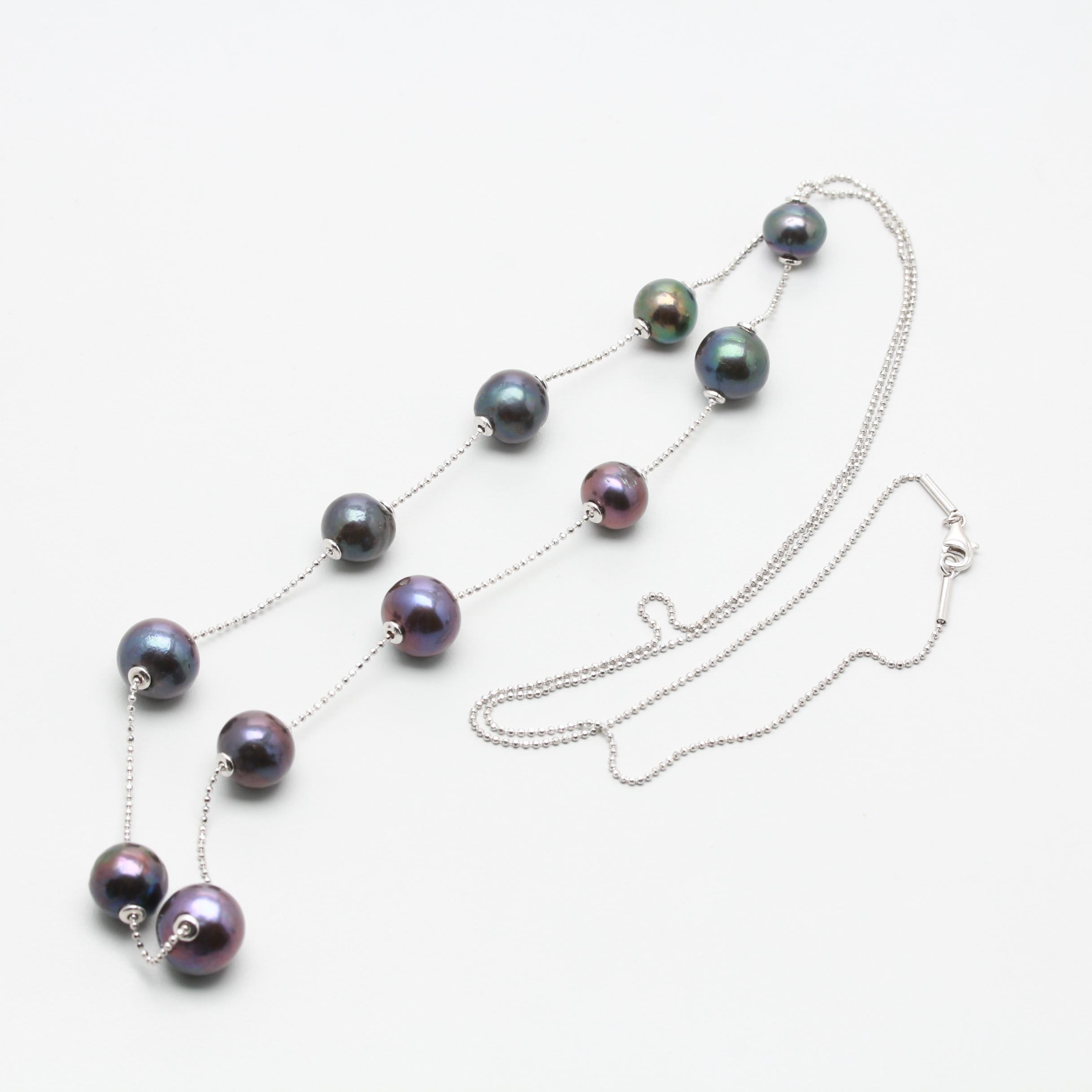 Sterling Sliver Cultured Pearl Station Necklace