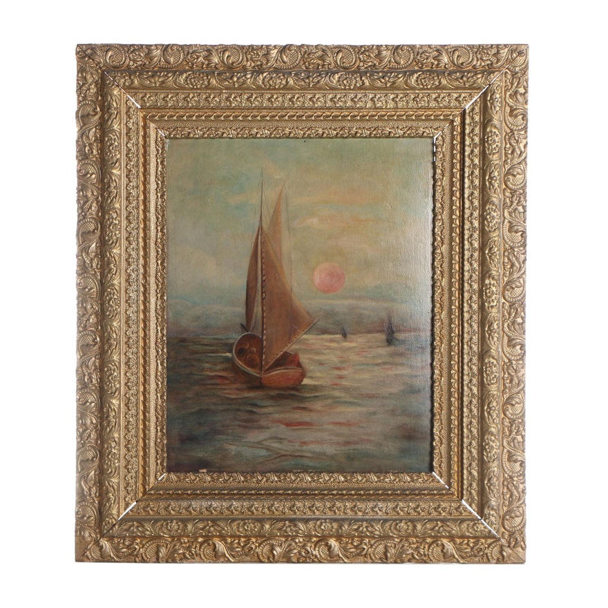 Antique Oil Painting of a Sailboat