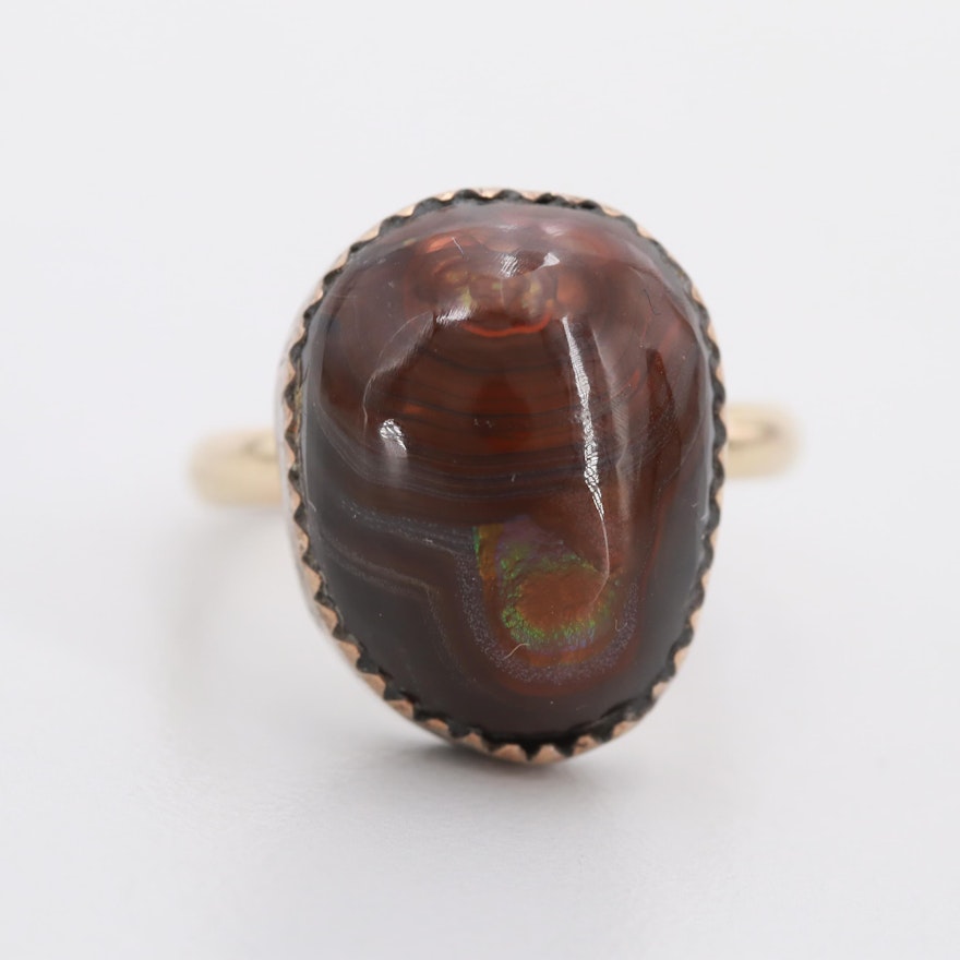 10K Yellow Gold Fire Agate Ring with Silver Tone Bezel