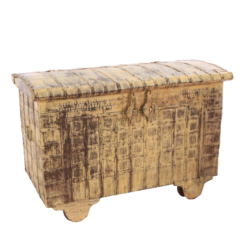Indian Painted Metal Dowry Chest on Wheels, Mid-20th Century