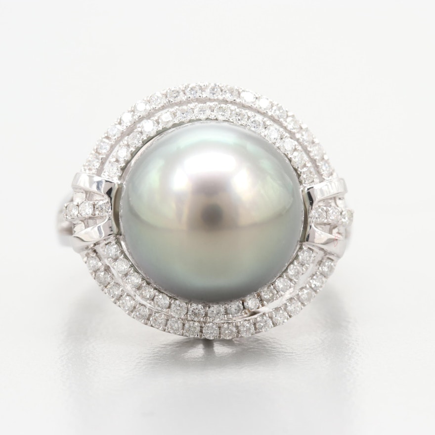 18K White Gold Cultured Pearl and Diamond Ring