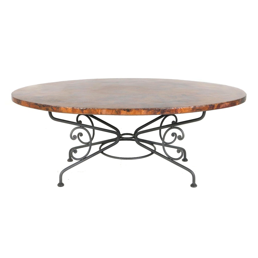 Contemporary "Arhaus" Mexican Iron and Hand Hammered Copper Oval Dining Table