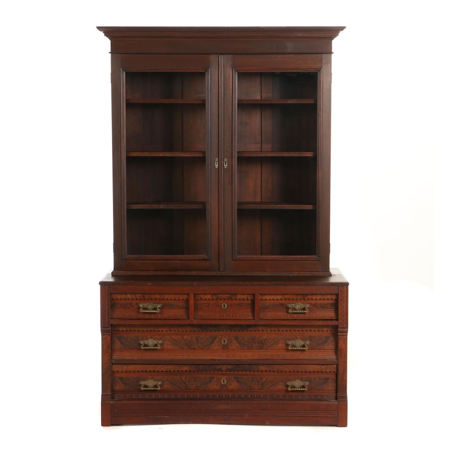 Victorian Cherrywood, Walnut & Burl Walnut Bookcase-on-Chest, Late 19th Century