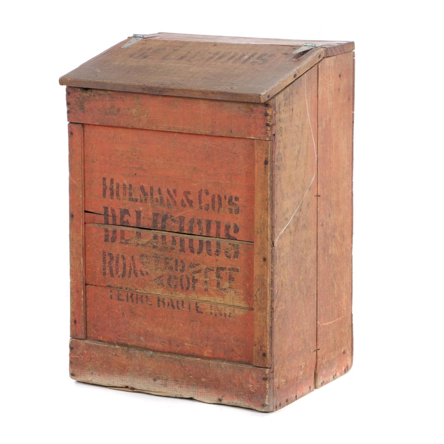 Painted Pine and Stenciled Country Store Bin for Hulman Coffee Co., Circa 1903