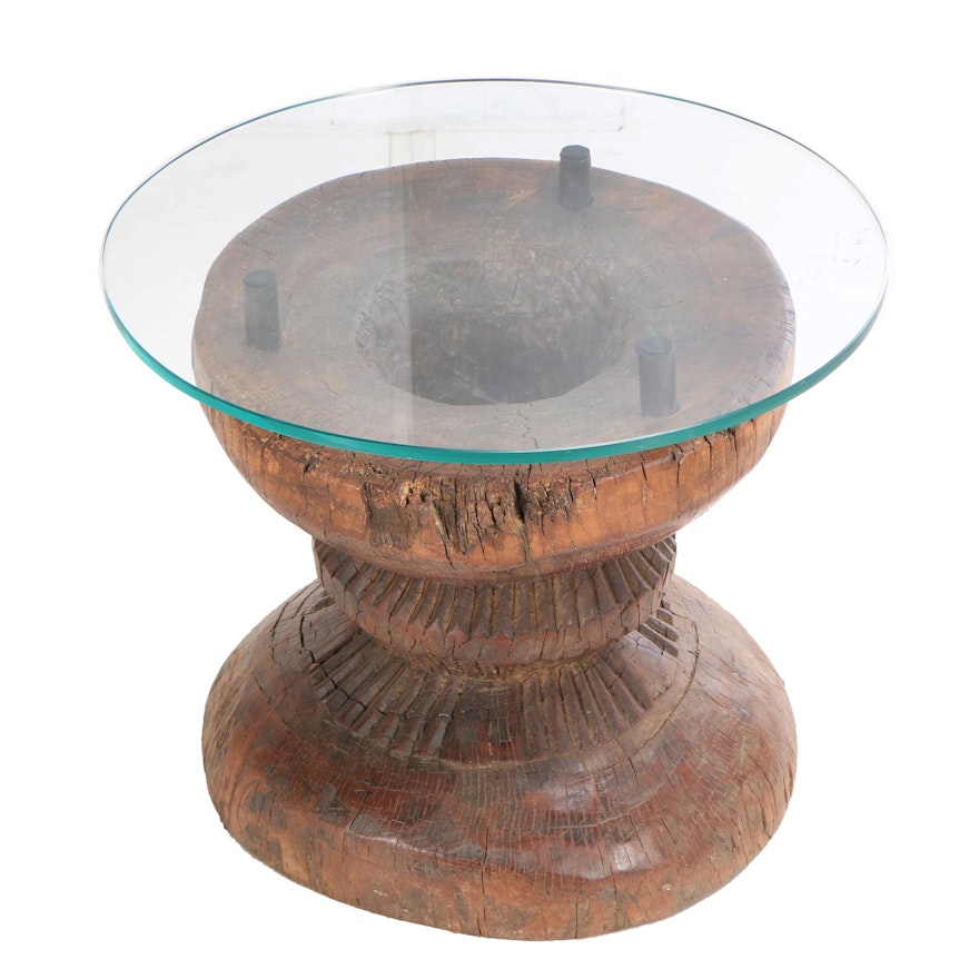 Repurposed Rice Grinder Base Wooden End Table, Late 20th Century