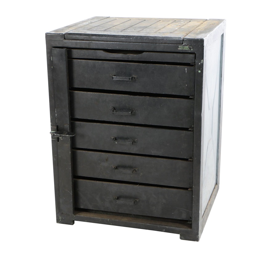 Industrial Painted Wood and Metal Six-Drawer Cabinet, Mid-20th Century