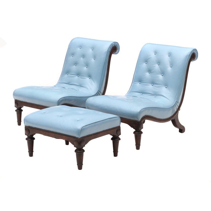 Regency Style Blue Leather Chairs with Coordinating Ottoman