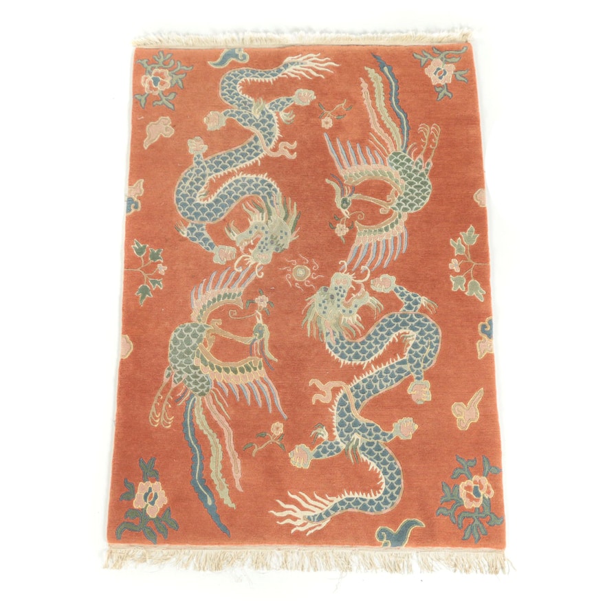 Hand-Knotted Nepalese "Dragon and Phoenix" Carved Wool Rug