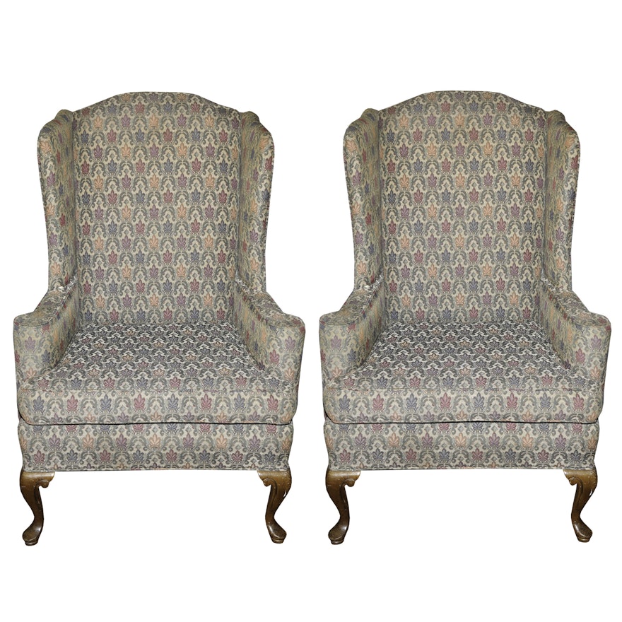 Queen Anne Style Upholstered Wingback Armchairs, Mid/Late 20th Century