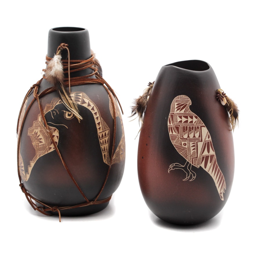 R. Velarde, Jicarilla Apache Sgraffito Stoneware Vases