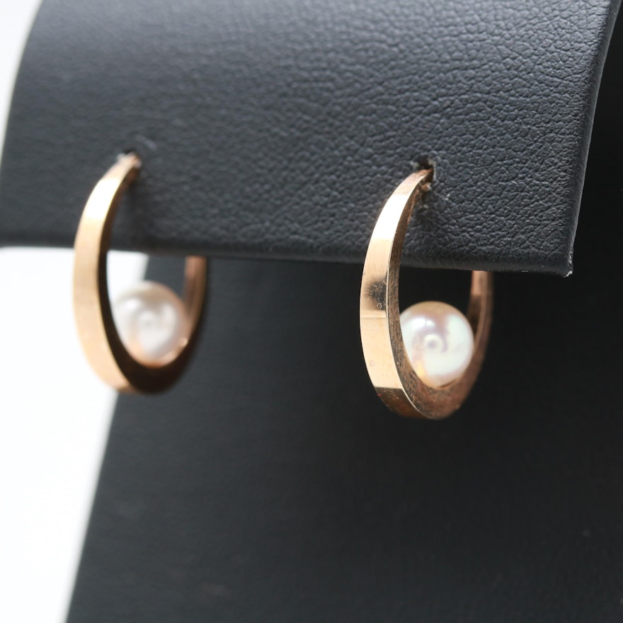 14K Yellow Gold Cultured Pearl Hoop Earrings