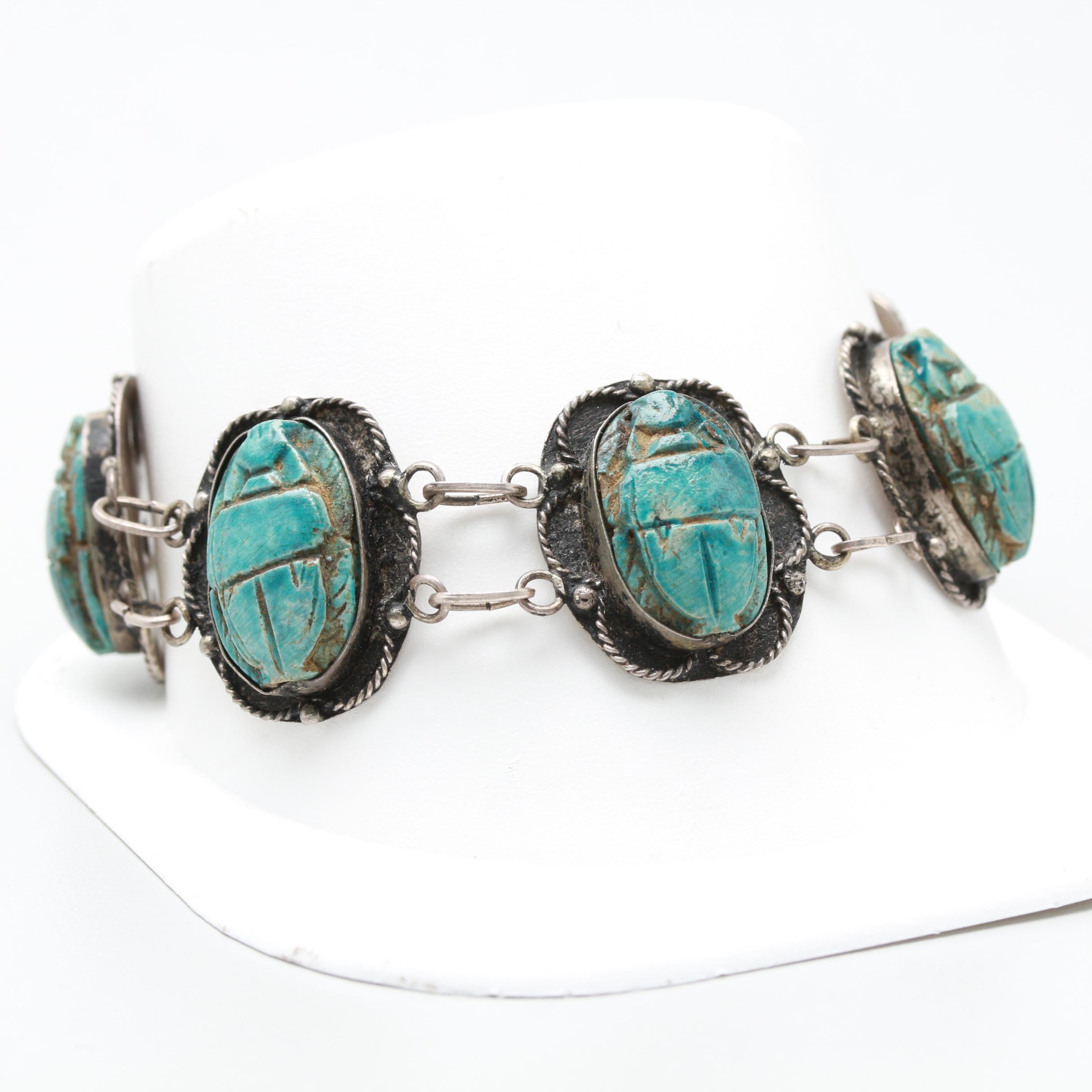 Egyptian 800 Sliver Ceramic Scarabs Bracelet